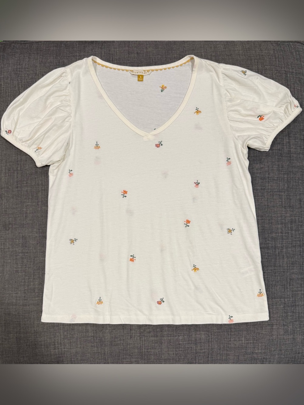 DownEast Cream V-Neck Short Sleeve Top with Tiny Floral Embroidery